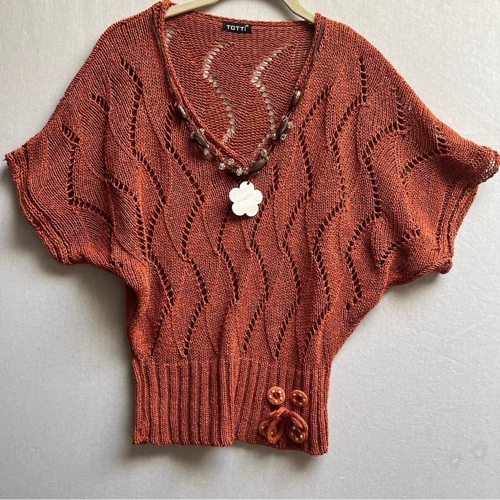 Totti Burnt Orange Crochet Knit Sweater w/ Beaded Necklace Detail Sz S